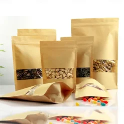 100pcs/lot Kraft Paper Bag Self Sealing Stand Up Bags With Transparent Window For Dried Food/Snack/Fruit/Tea/Gift Packaging