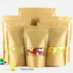 100pcs/lot Kraft Paper Bag Self Sealing Stand Up Bags With Transparent Window For Dried Food/Snack/Fruit/Tea/Gift Packaging