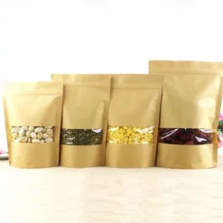100pcs/lot Kraft Paper Bag Self Sealing Stand Up Bags With Transparent Window For Dried Food/Snack/Fruit/Tea/Gift Packaging