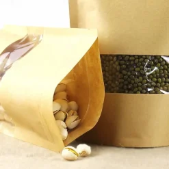 100pcs/lot Kraft Paper Bag Self Sealing Stand Up Bags With Transparent Window For Dried Food/Snack/Fruit/Tea/Gift Packaging