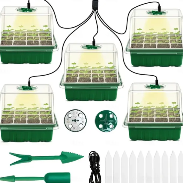 1pcs/5pcs LED Grow Lights Seed Starter Tray with Grow Light Plant Starter Tray Seedling Starter Kit with Humidity Domes Base Indoor Greenhouse Mini Propagator Station for Seeds Growing Starting