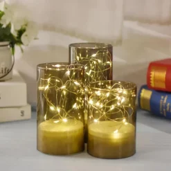3pcs/Set Acylinder Flameless Candles With Remote, Embedded String Lights & Timer - Perfect for Halloween Decor & Home Decor