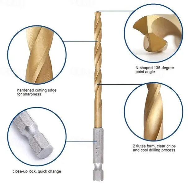 13pcs/set HSS Titanium Coated Drill Bit Set 1/4 Hex Shank 1/16"-1/4" Electric Drill Twist Drill Bit Twist Drill Bit Hex Shank 1.5-6.5mm Hex Handle Twist Drill For Wood, Plastic, Aluminum Alloy, Metal