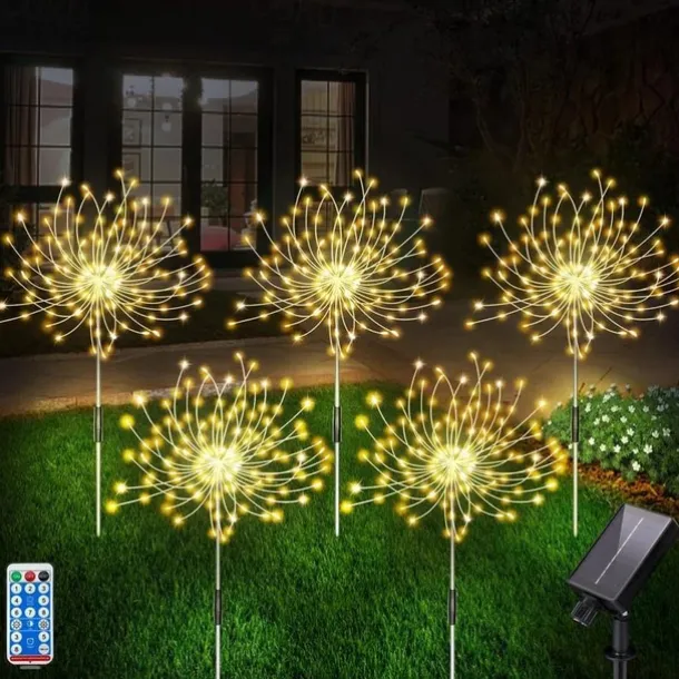 5pcs/set Outdoor Solar Fireworks Lights, 120LED Lawn Flower Lights, Outdoor Waterproof Solar Garden Fireworks Lights with Remote Control, Suitable for Villa Garden, Yard Balcony, Pathway Lawn, Holiday