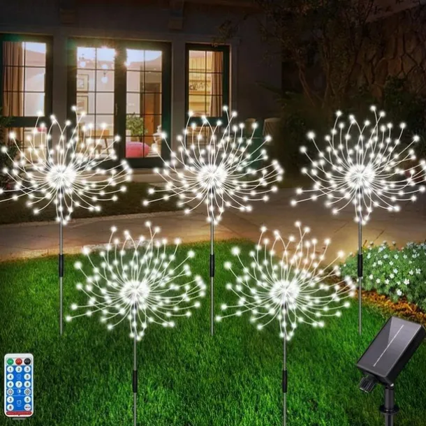 5pcs/set Outdoor Solar Fireworks Lights, 120LED Lawn Flower Lights, Outdoor Waterproof Solar Garden Fireworks Lights with Remote Control, Suitable for Villa Garden, Yard Balcony, Pathway Lawn, Holiday