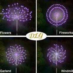 5pcs/set Outdoor Solar Fireworks Lights, 120LED Lawn Flower Lights, Outdoor Waterproof Solar Garden Fireworks Lights with Remote Control, Suitable for Villa Garden, Yard Balcony, Pathway Lawn, Holiday