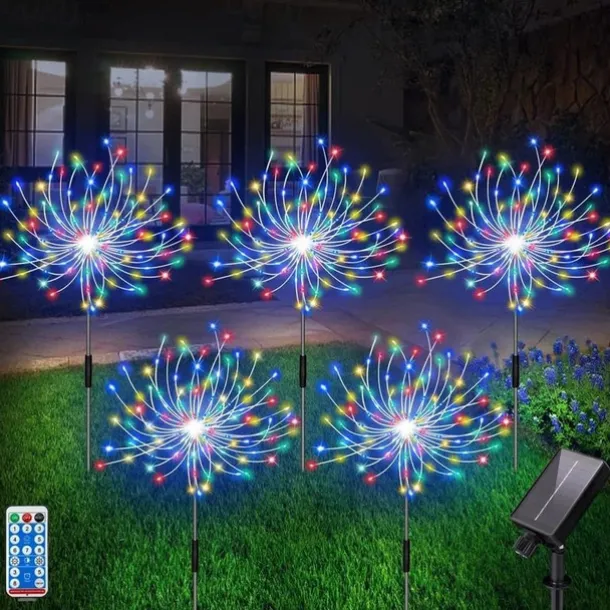 5pcs/set Outdoor Solar Fireworks Lights, 120LED Lawn Flower Lights, Outdoor Waterproof Solar Garden Fireworks Lights with Remote Control, Suitable for Villa Garden, Yard Balcony, Pathway Lawn, Holiday