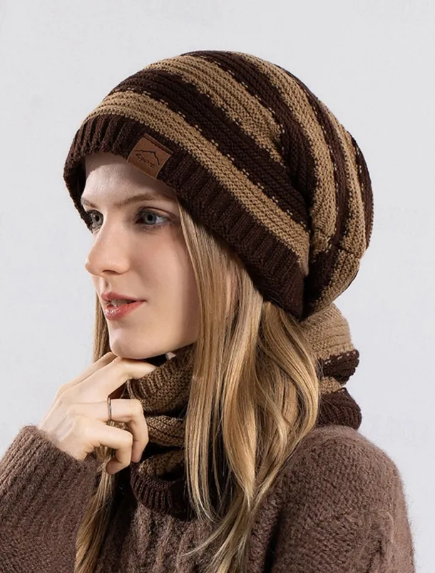 2pcs/set Women Winter Beanie Knitted Scarf & Hat Set Windproof Winter Warmer Cap for Outdoor Cycling Skiing