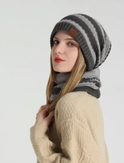 2pcs/set Women Winter Beanie Knitted Scarf & Hat Set Windproof Winter Warmer Cap for Outdoor Cycling Skiing