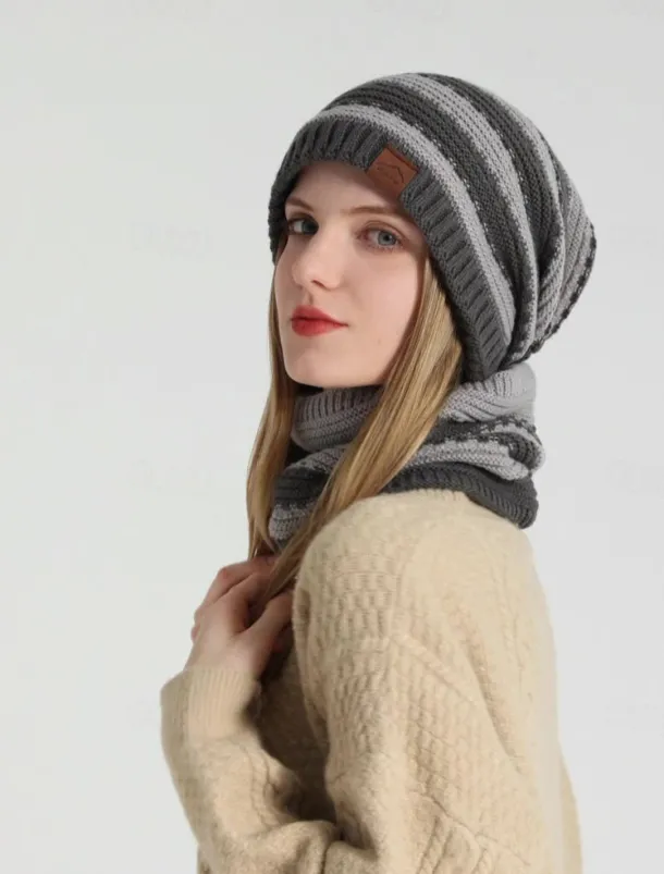 2pcs/set Women Winter Beanie Knitted Scarf & Hat Set Windproof Winter Warmer Cap for Outdoor Cycling Skiing