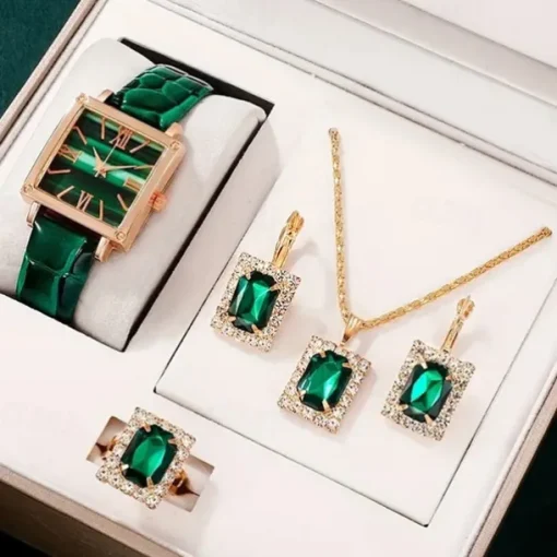 5pcs/set Women's Watch Vintage Square Pointer Quartz Watch Analog Green Wrist Watch & Rhinestone Jewelry Set, Gift For Mom Her
