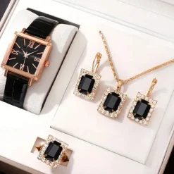 5pcs/set Women's Watch Vintage Square Pointer Quartz Watch Analog Green Wrist Watch & Rhinestone Jewelry Set, Gift For Mom Her