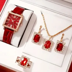5pcs/set Women's Watch Vintage Square Pointer Quartz Watch Analog Green Wrist Watch & Rhinestone Jewelry Set, Gift For Mom Her