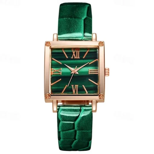 5pcs/set Women's Watch Vintage Square Pointer Quartz Watch Analog Green Wrist Watch & Rhinestone Jewelry Set, Gift For Mom Her