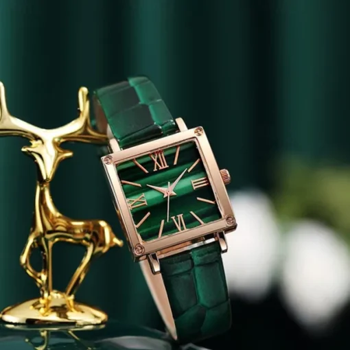 5pcs/set Women's Watch Vintage Square Pointer Quartz Watch Analog Green Wrist Watch & Rhinestone Jewelry Set, Gift For Mom Her