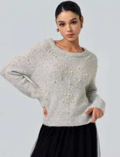 Pearl Beaded Crew Neck Pullover Sweater