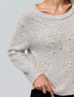 Pearl Beaded Crew Neck Pullover Sweater