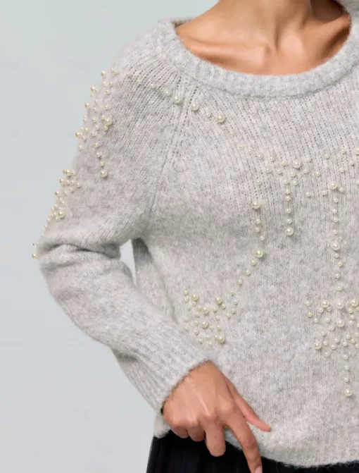 Pearl Beaded Crew Neck Pullover Sweater