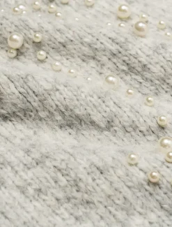 Pearl Beaded Crew Neck Pullover Sweater