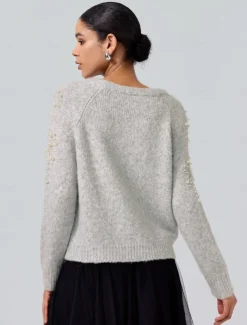 Pearl Beaded Crew Neck Pullover Sweater