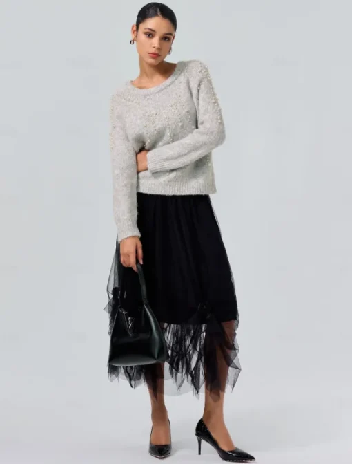 Pearl Beaded Crew Neck Pullover Sweater
