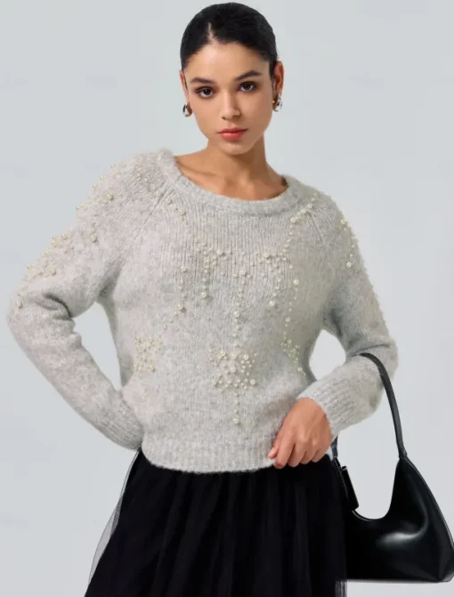 Pearl Beaded Crew Neck Pullover Sweater