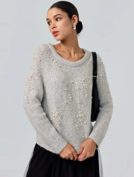 Pearl Beaded Crew Neck Pullover Sweater