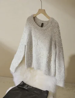 Pearl Beaded Crew Neck Pullover Sweater
