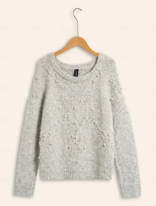 Pearl Beaded Crew Neck Pullover Sweater