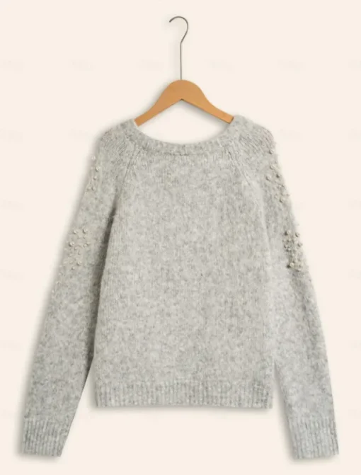 Pearl Beaded Crew Neck Pullover Sweater