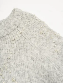 Pearl Beaded Crew Neck Pullover Sweater
