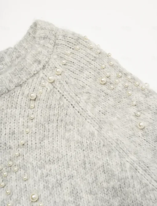 Pearl Beaded Crew Neck Pullover Sweater