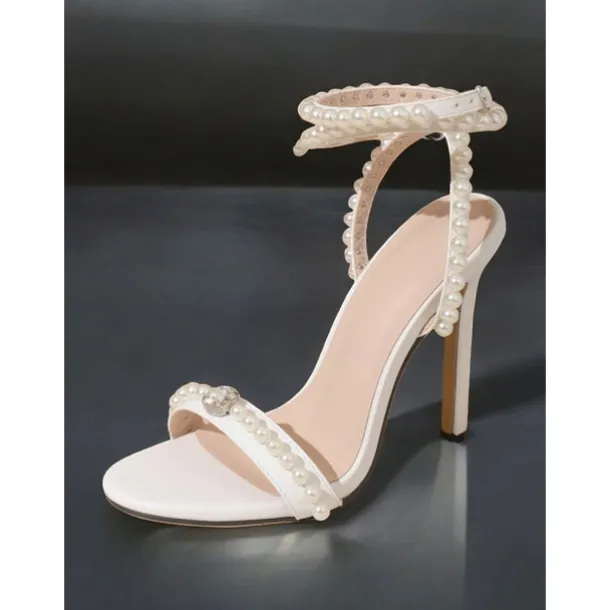 Pearl-Embellished Stiletto Heel Wedding Sandals for Women – Elegant Open-Toe Bridal Shoes with Ankle Strap