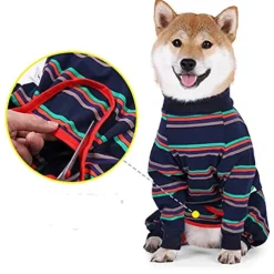 Pet Clothes, Striped Dog Pajamas Elastic Dog Onesies Lightweight 4 Legs Jumpsuit Dog Physiological Clothes for Medium Large Dogs (3XL-Grey)