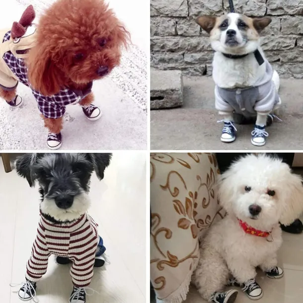 Pet Shoes Puppy Sport Denim Shoes Casual Style Anti-Slip Boots Sneaker Booties Canvas Shoe 4Pcs