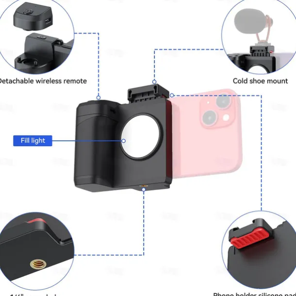 PH-14 Fill Light, Wireless Bluetooth Remote Control Three-Gear Adjustable Selfie Light, Smartphone Camera Shutter Handle Grip Detachable for iPhone Samsung Google OnePlus Phones Video/Photo Shooting
