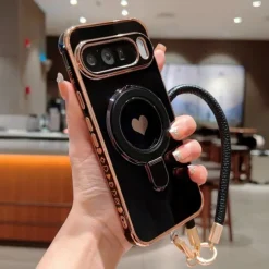 Phone Case For Google Pixel 9 Pro Pixel 9 Pro XL Pixel 8 Pro Pixel 8 Pixel 9 Back Cover with Stand Holder with Wrist Strap Shockproof Retro Plating