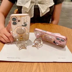 Phone Case For iPhone 16 15 14 Pro Max Plus 13 Pro Max Back Cover with Stand Holder Magnetic Support Wireless Charging Retro TPU PC