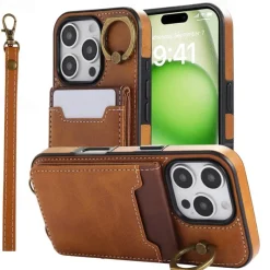 Phone Case For iPhone 16 15 14 Pro Max Plus 13 12 11 Pro Max Back Cover with Stand Holder Ring Holder with Wrist Strap Retro TPU PU Leather