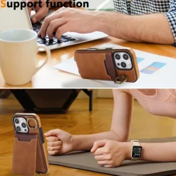 Phone Case For iPhone 16 15 14 Pro Max Plus 13 12 11 Pro Max Back Cover with Stand Holder Ring Holder with Wrist Strap Retro TPU PU Leather