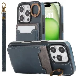 Phone Case For iPhone 16 15 14 Pro Max Plus 13 12 11 Pro Max Back Cover with Stand Holder Ring Holder with Wrist Strap Retro TPU PU Leather