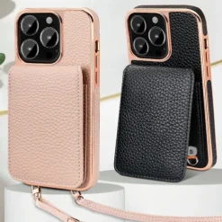 Phone Case For iPhone 16 15 14 Pro Max Plus 13 Pro Max Back Cover with Stand Holder Magnetic with Lanyard Retro Plating PU Leather