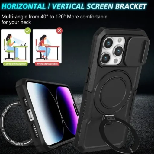 Phone Case For iPhone 16 15 14 Pro Max Plus 13 12 11 Pro Max Back Cover with Stand Holder Magnetic Support Wireless Charging Retro PC