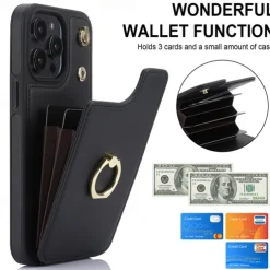 Phone Case For iPhone 16 15 14 Pro Max Plus 13 12 11 Pro Max Back Cover Ring Holder with Lanyard Card Slot Retro TPU PU Leather