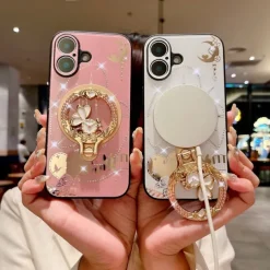 Phone Case For iPhone 16 15 14 Pro Max Plus 13 Pro Max Back Cover with Stand Holder Magnetic Support Wireless Charging Retro TPU PC