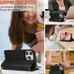 Phone Case For iPhone 16 15 14 Pro Max Plus 13 12 11 Pro Max Back Cover with Stand Holder Magnetic with Lanyard Retro TPU PU Leather