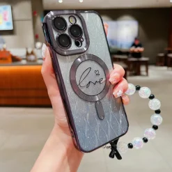 Phone Case For iPhone 16 15 14 Pro Max Plus 13 12 11 Pro Max Back Cover Magnetic Adsorption with Lanyard Support Wireless Charging Bling Glitter Shiny Heart PC
