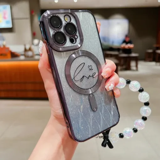 Phone Case For iPhone 16 15 14 Pro Max Plus 13 12 11 Pro Max Back Cover Magnetic Adsorption with Lanyard Support Wireless Charging Bling Glitter Shiny Heart PC