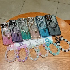 Phone Case For iPhone 16 15 14 Pro Max Plus 13 12 11 Pro Max Back Cover Magnetic Adsorption with Lanyard Support Wireless Charging Bling Glitter Shiny Heart PC