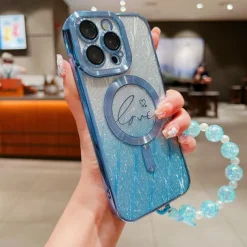 Phone Case For iPhone 16 15 14 Pro Max Plus 13 12 11 Pro Max Back Cover Magnetic Adsorption with Lanyard Support Wireless Charging Bling Glitter Shiny Heart PC